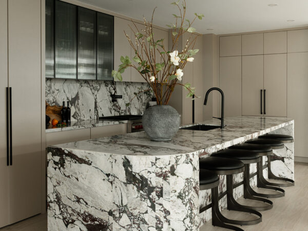 Toronto Penthouse kitchen with Calacatta Viola marble island and custom cabinetry